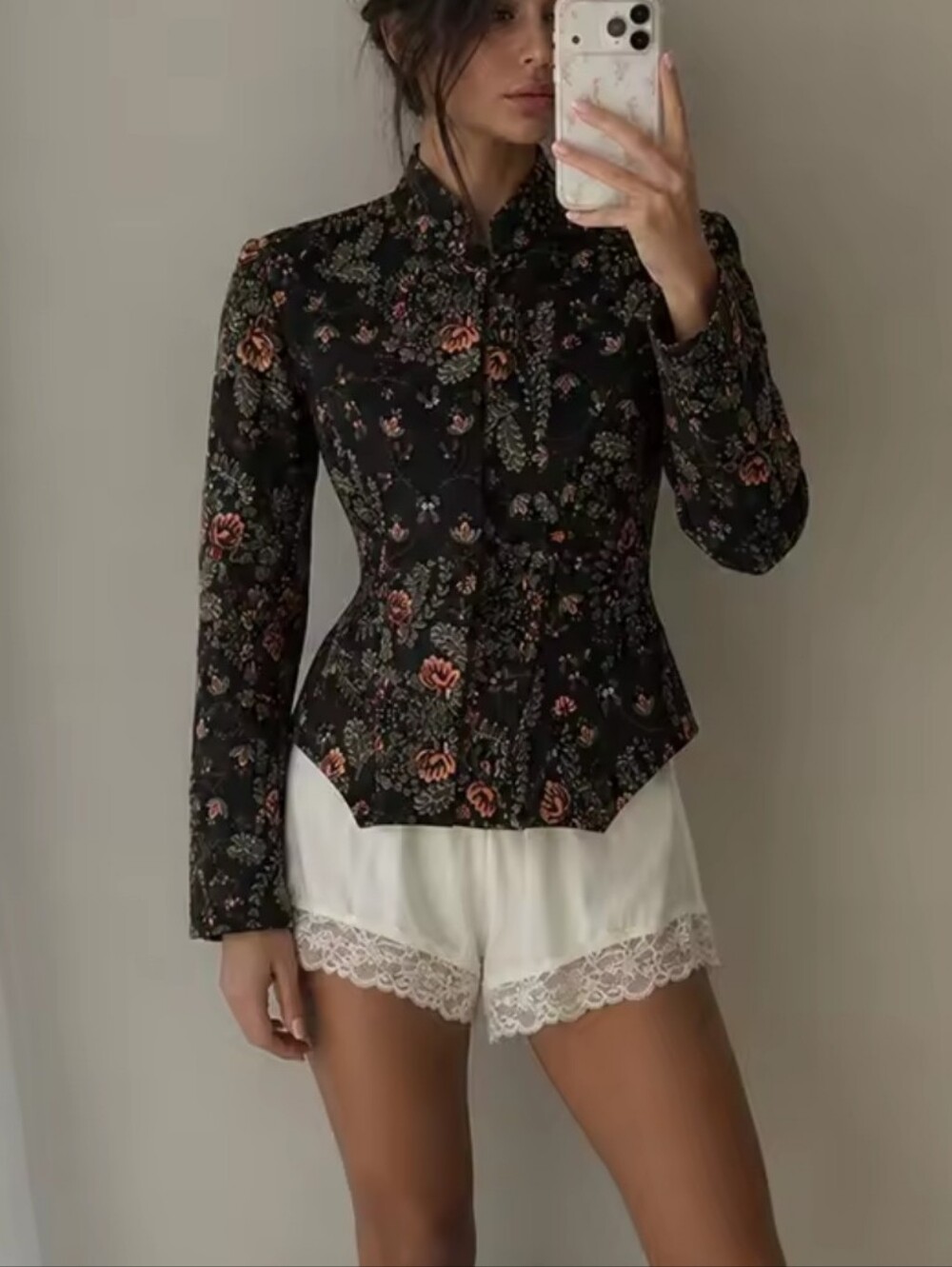 Elegant Women Floral Print Stand-Collar Cropped Jacket Vintage Autumn